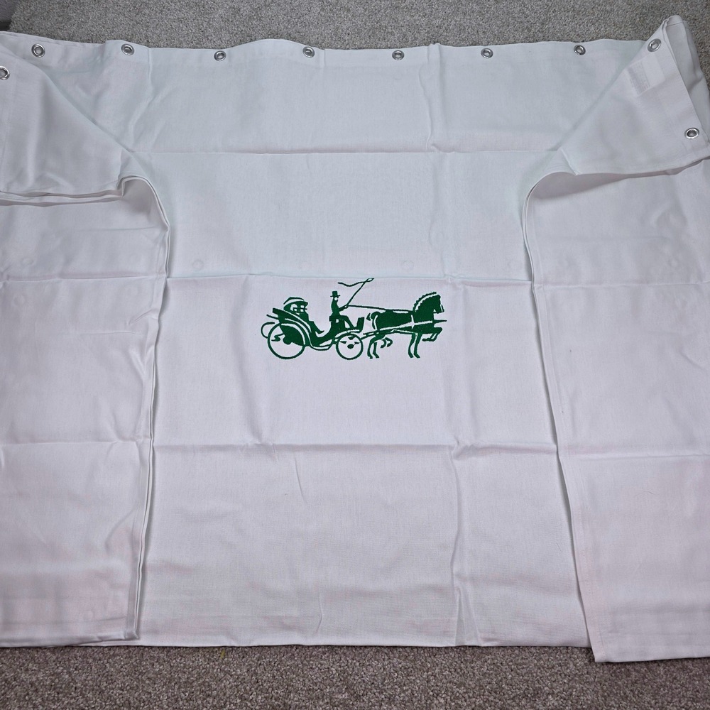 Vtg White Cotton Shower Curtain Green Embroidered Horse Carriage Equestrian 72"